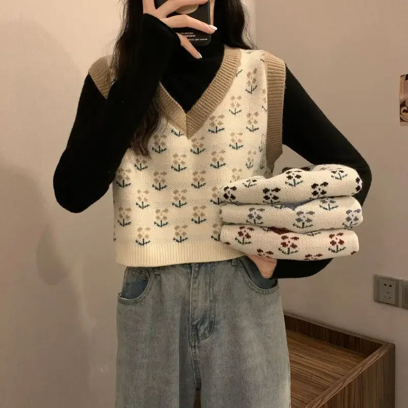 Cremefarbene ärmellose Damen-Strickweste mit V-Ausschnitt und Blumenmuster