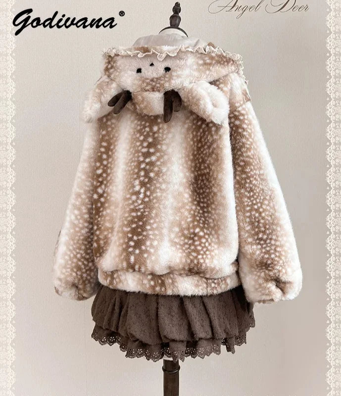 Women's Beige and White Deer-Print Faux Fur Hooded Coat