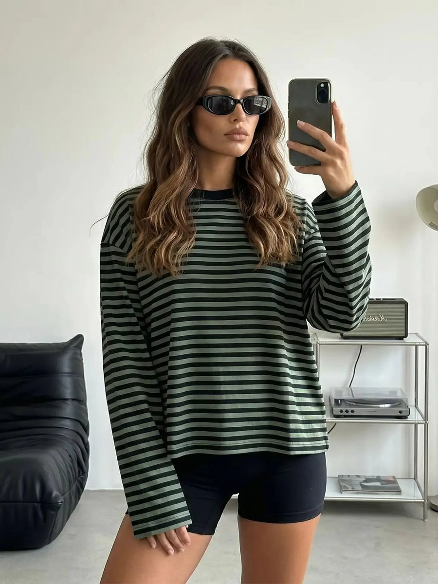 Gestreept dames-T-shirt met lange mouwen, kort en losvallend