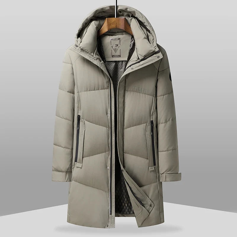 Long black quilted hooded men's puffer coat