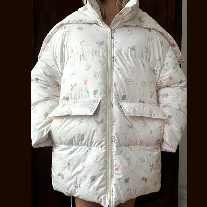 Kort oversized dunjakke til kvinder med hætte og integrerede vanter