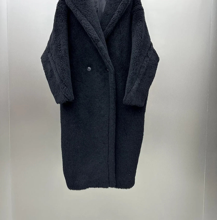 Manteau long femme doux à capuche style Teddy avec moufles assorties