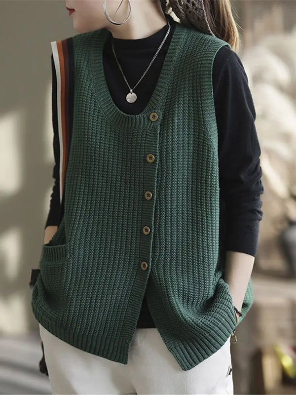 Gilet da donna senza maniche in maglia con bottoni e tasche
