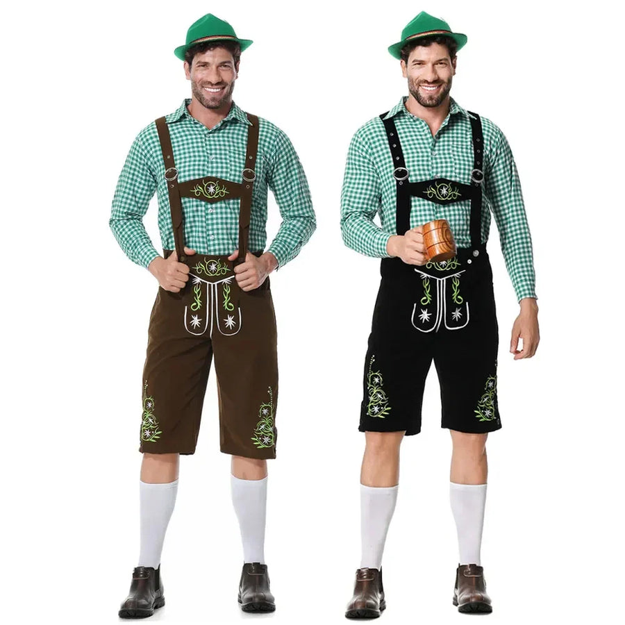 Completo da uomo in pelle con pantaloni corti tradizionali verdi a quadri e marroni ricamati oppure neri ricamati