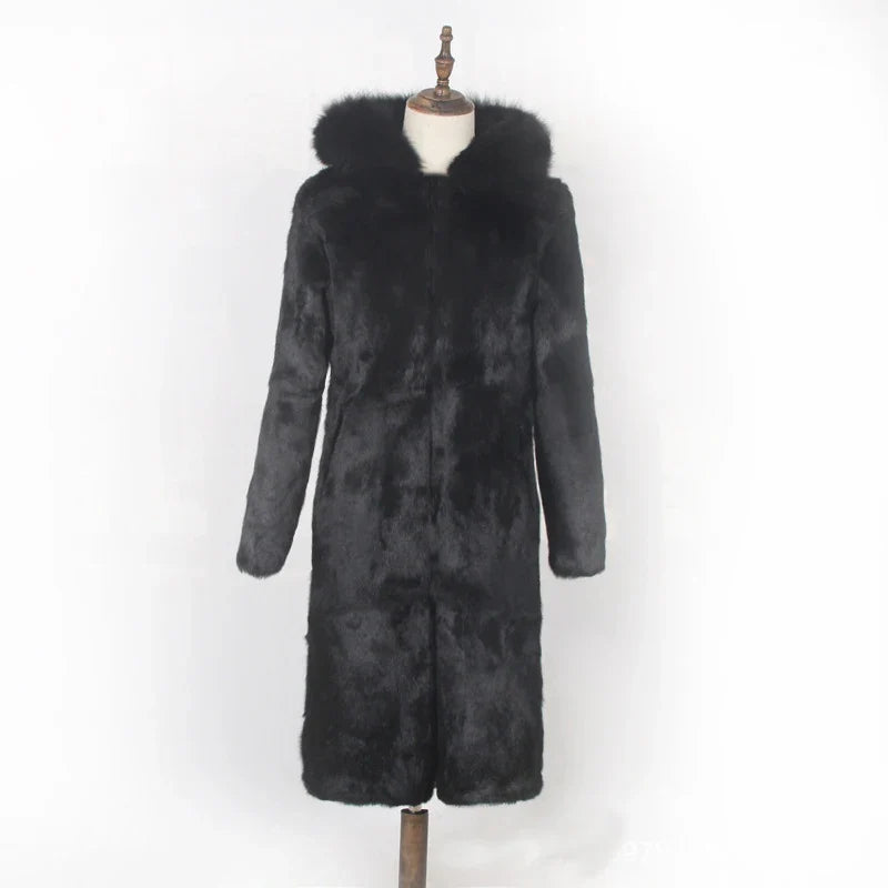 Manteau long noir à capuche en fausse fourrure pour femme