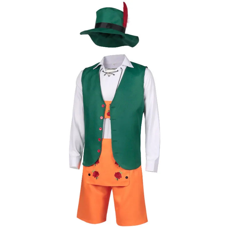 Oktoberfest-kostume til mænd i grøn og orange med hat og snøret skjorte