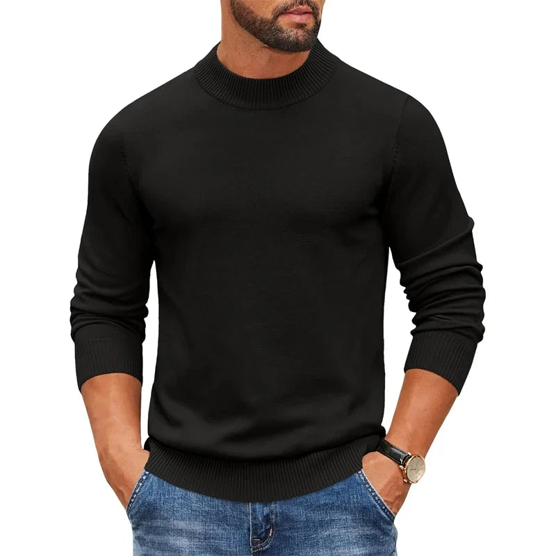 Jersey de punto para hombre con cuello alto acanalado y manga larga, color liso
