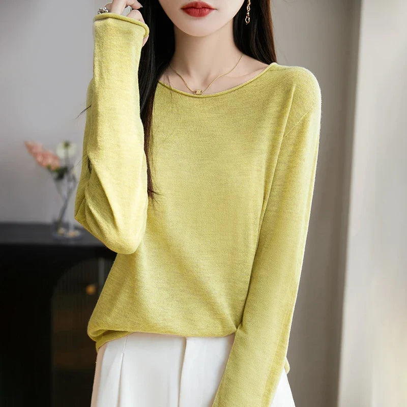 Suéter fino informal de mujer, de manga larga, cuello redondo y color liso