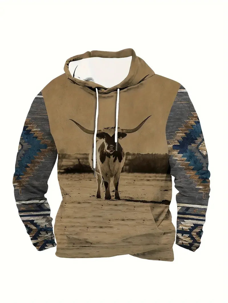 Sweat à Capuche Homme Motif Crâne de Taureau Tribal Vert Kaki