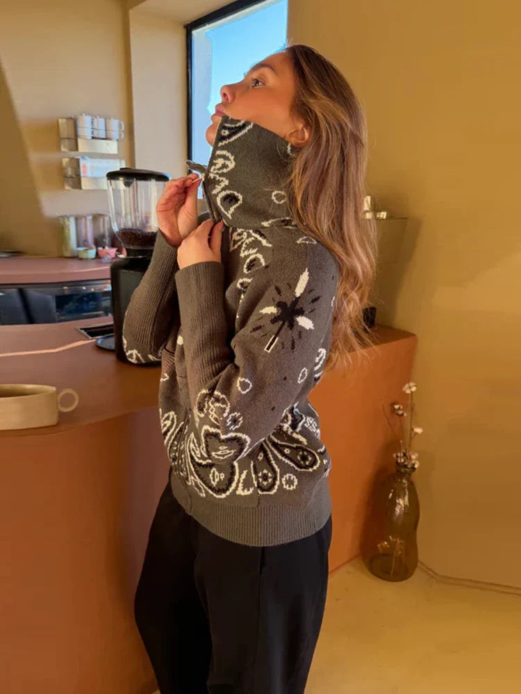 Women's Bandana-Print Zip-Up Jacket with a Stand Collar