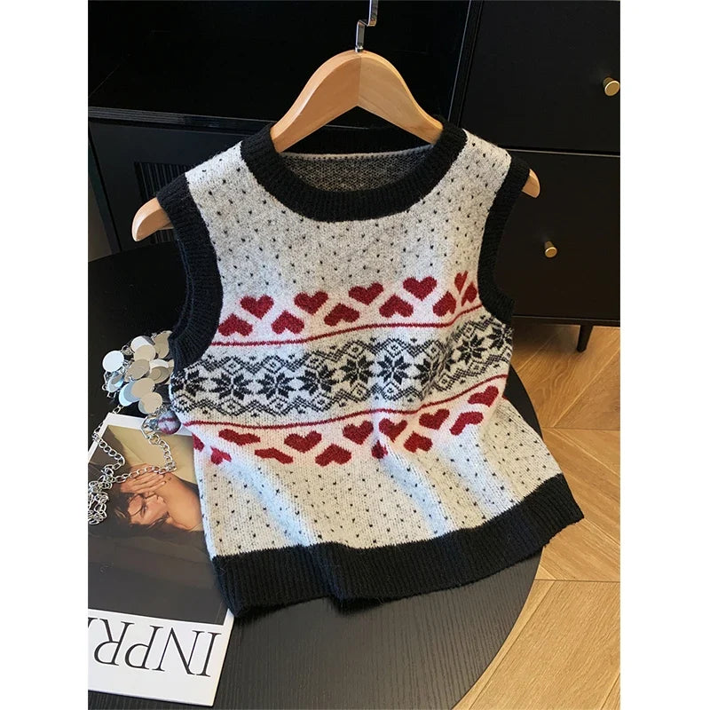 Gilet sans manches tricoté motif cœurs et flocons pour femme