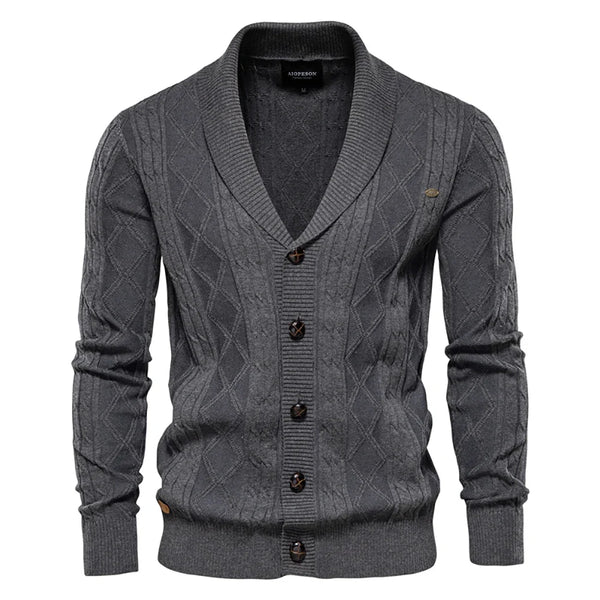 Gilet Homme Gris Foncé Col Châle en Maille Torsadée Boutonné