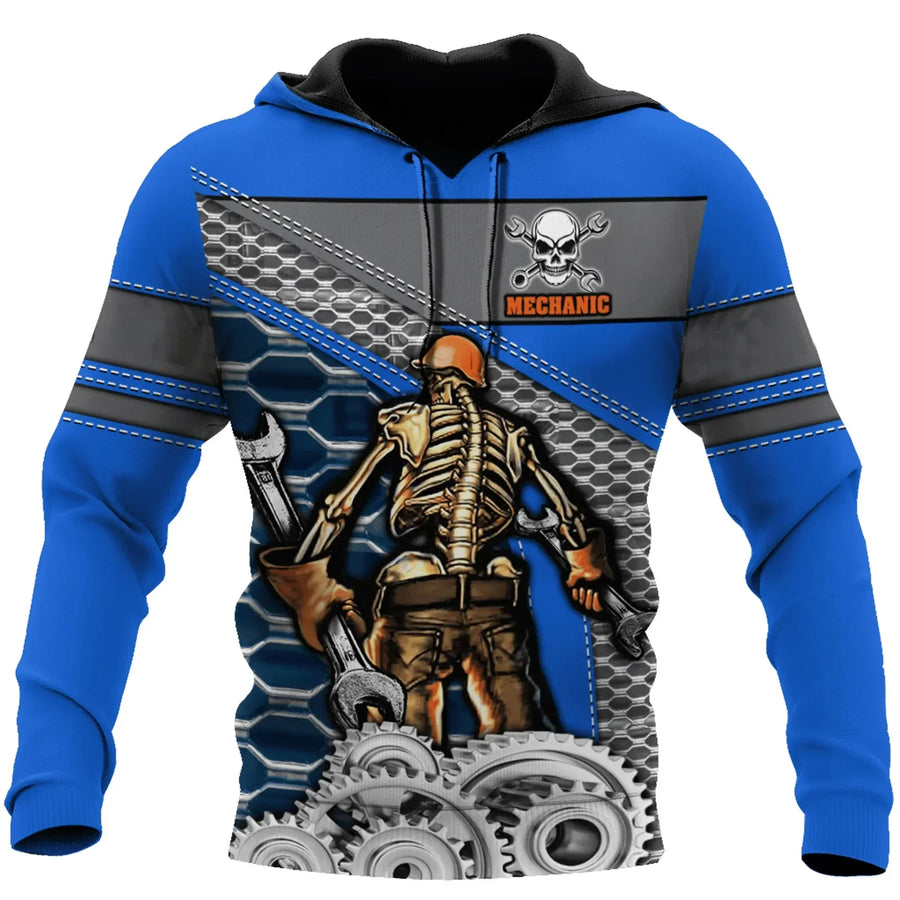 Sweat à Capuche Homme Imprimé Mécanicien Moteur Engrenages Outils