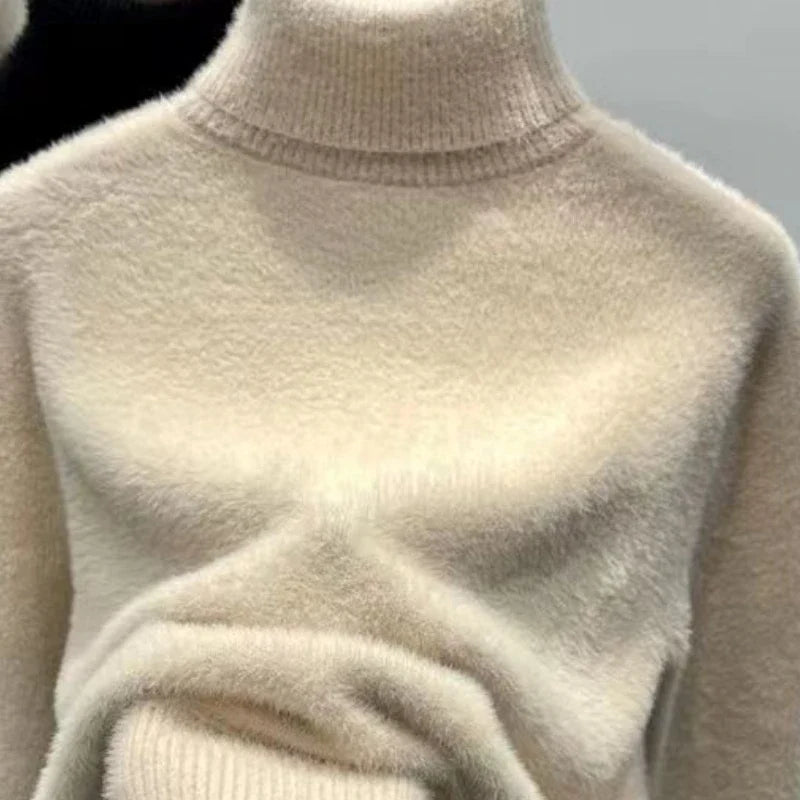 Pull col roulé doux et chaud en tissu effet peluche pour femme