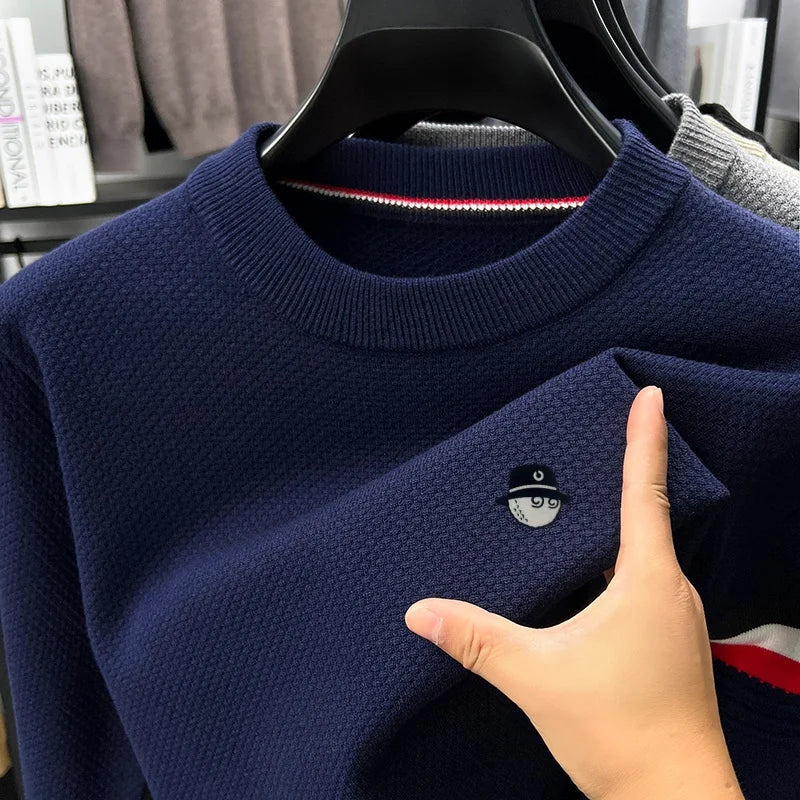 Men's Textured-Knit Crew-Neck Sweater with Side Stripe and Embroidered Motif
