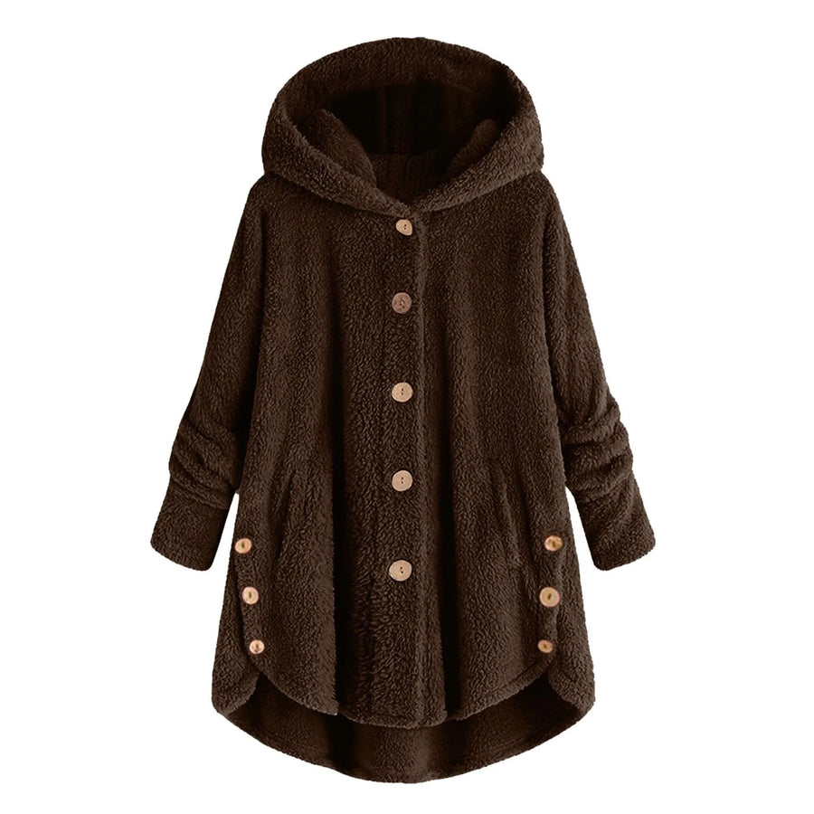 Manteau à Capuche Doux Femme, Boutons et Ourlet Asymétrique, Plusieurs Couleurs