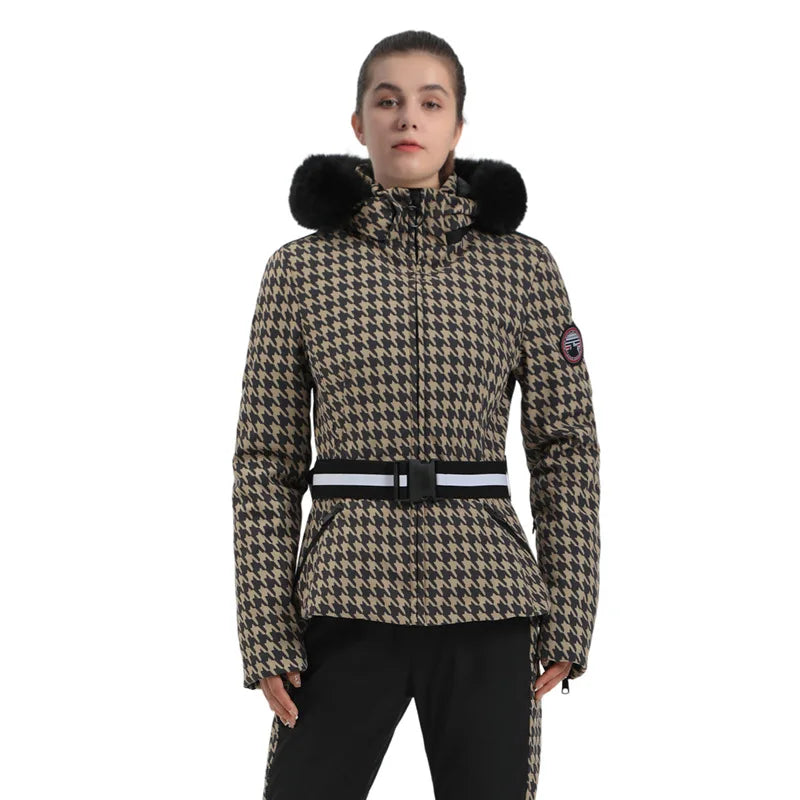 Veste de Ski Femme Motif Pied-de-Poule Noir et Beige avec Capuche et Ceinture