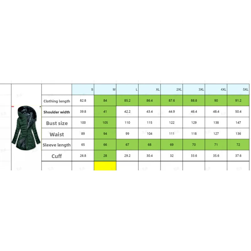 Women's long quilted puffer jacket with faux-fur-lined hood and decorative zippers