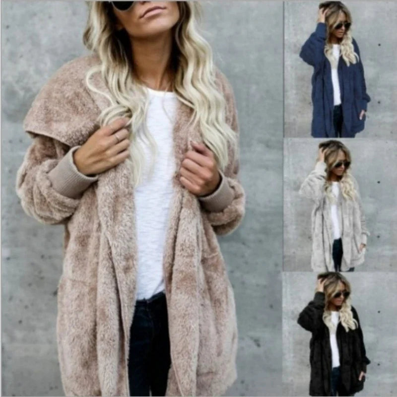 Gilet long femme doux à capuche uni avec poches