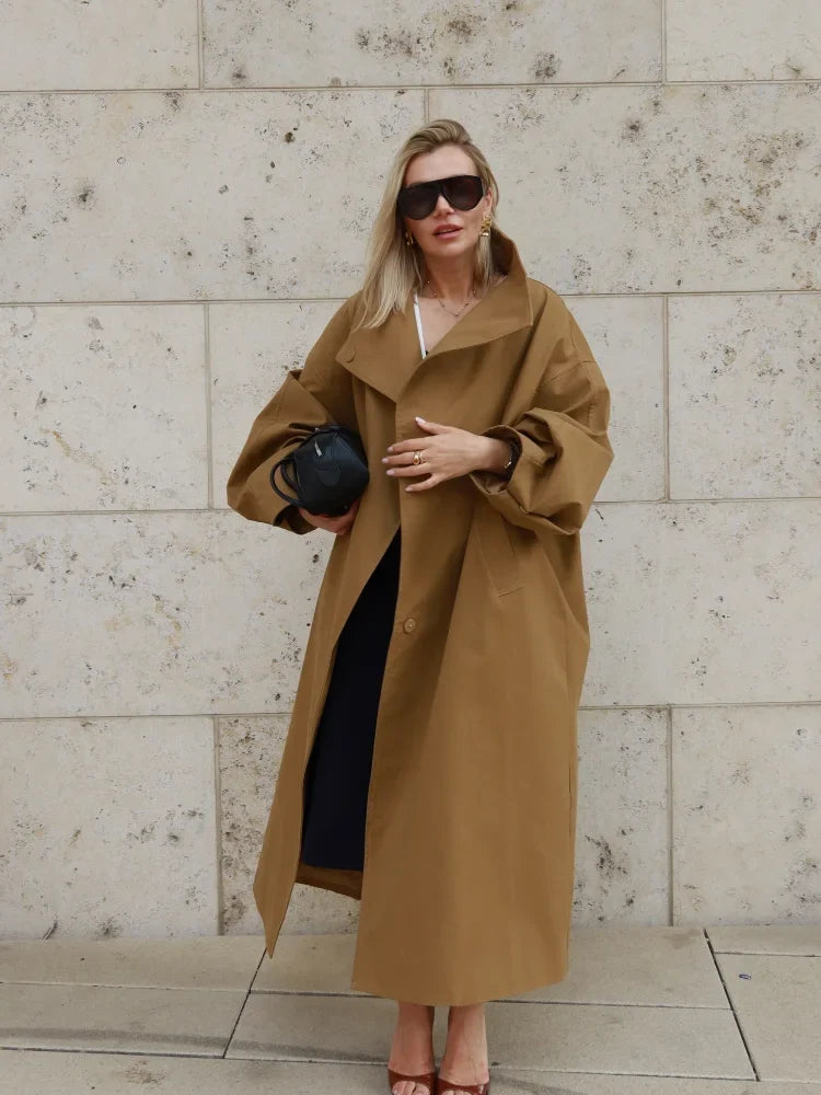 Trench-coat ample pour femme, long ou court, avec ceinture et col montant