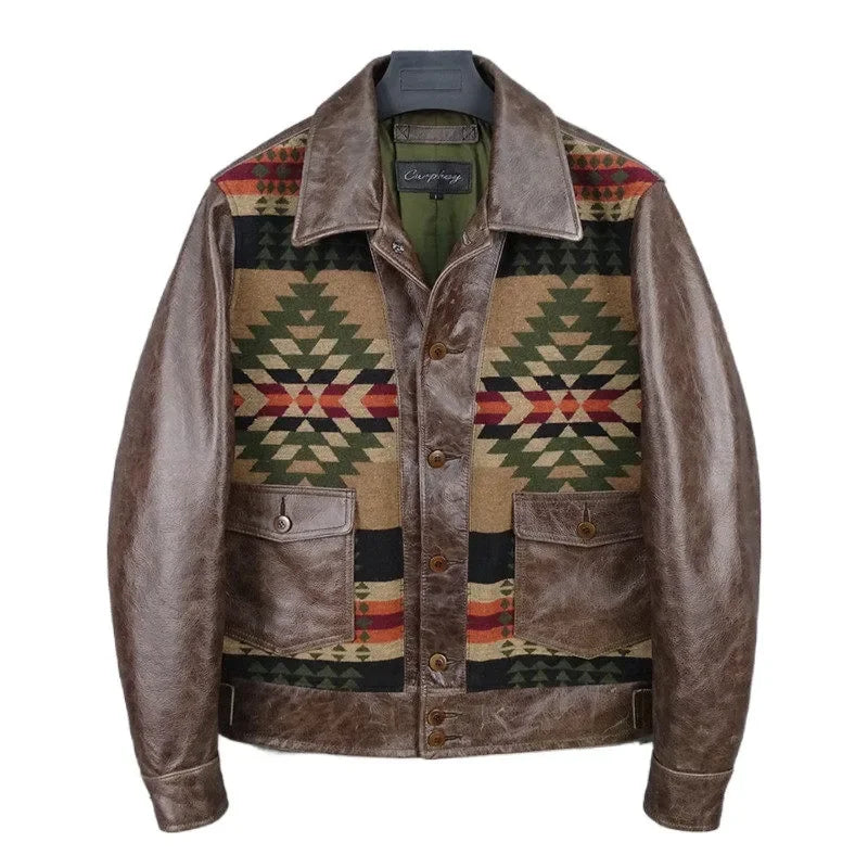 Veste Homme Patchwork Motifs Géométriques Col Chemise Boutons Style Western Beige