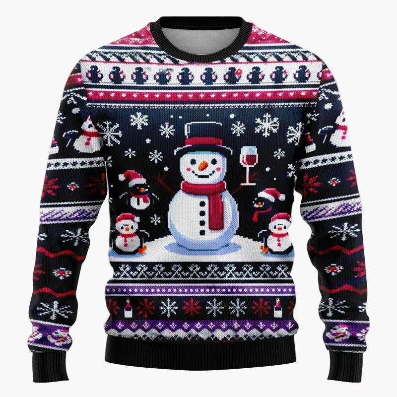 Unisex jultröja med fantasimotiv – Festlig scen med jultomte och snögubbe, perfekt för fester och presenter
