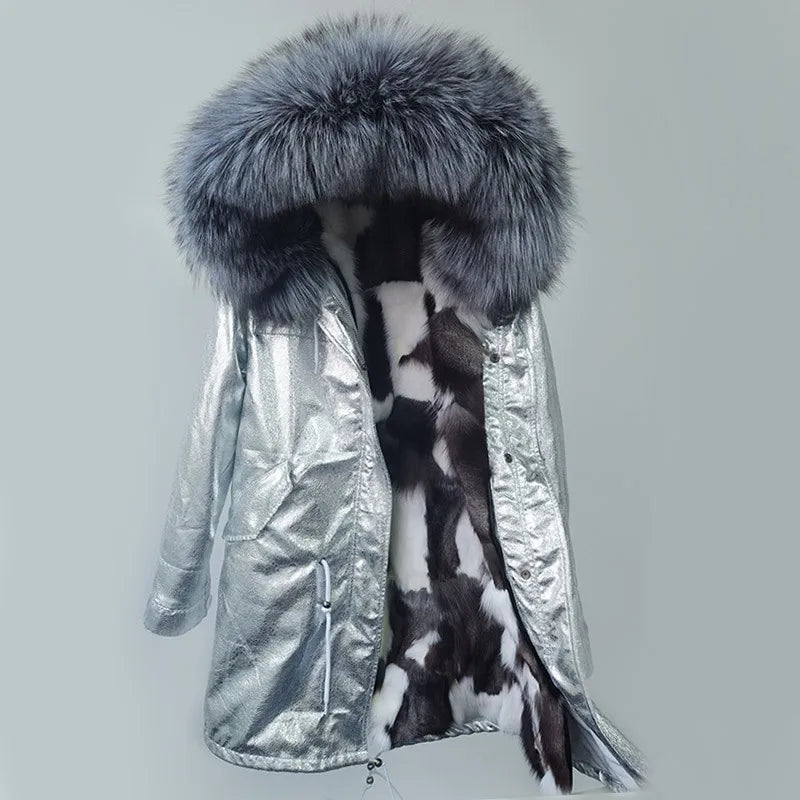 Parka invernale da donna con cappuccio, pelliccia rosa e fodera calda