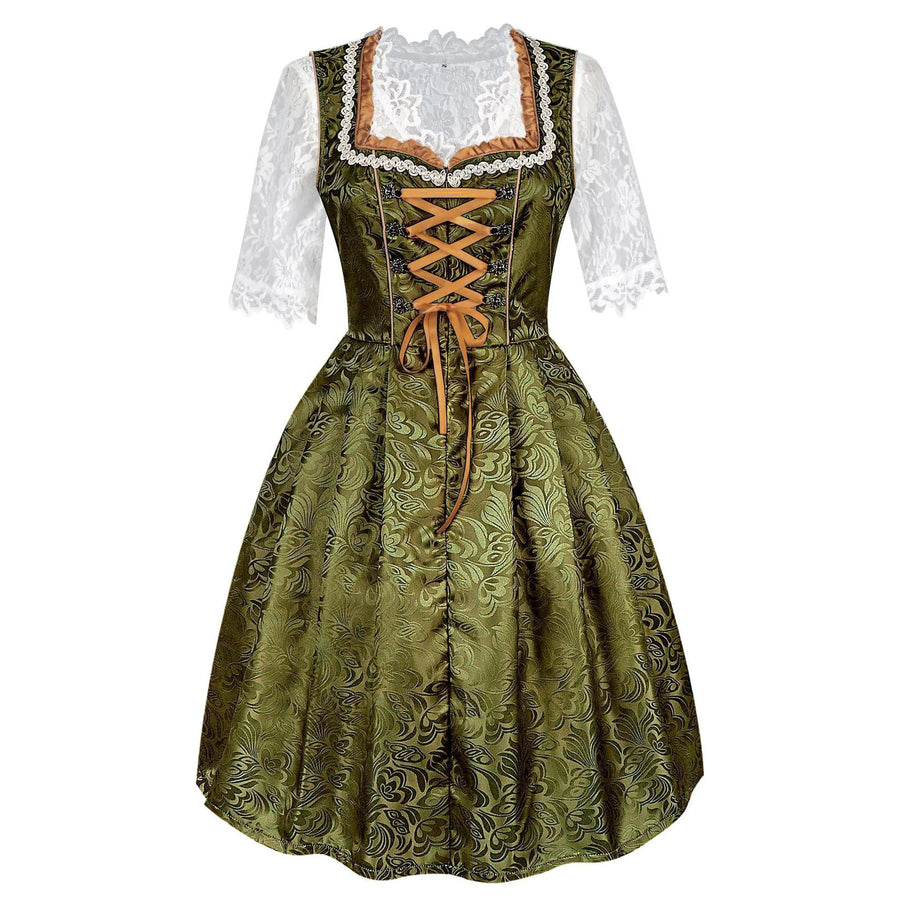 Traditionel dirndl-kjole til kvinder i olivengrøn og cremefarvet blonde med brunt forklæde