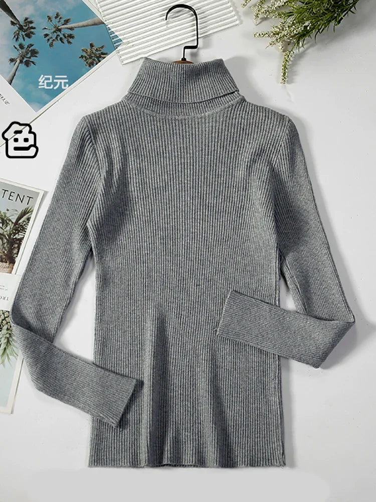 Damen-Rollkragenpullover aus Rippstrick mit langen Ärmeln, einfarbig