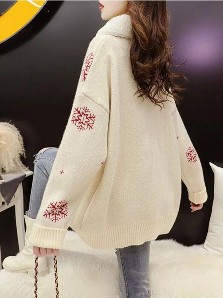 Pull tricoté femme motif renne col contrastant neige - Bleu foncé, Rouge, Beige