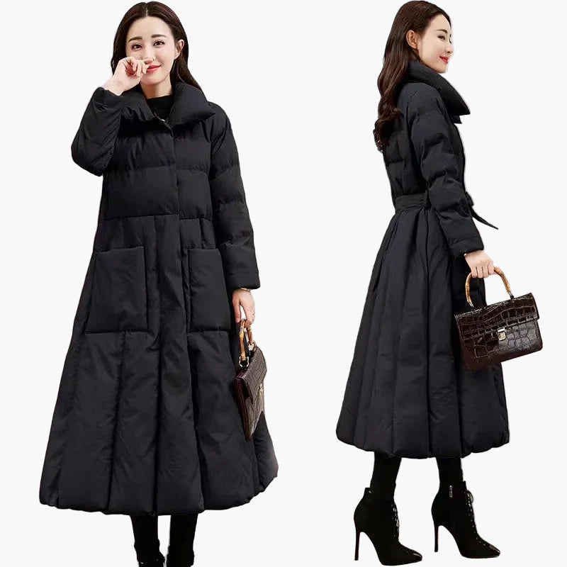 Lang, elegant dunjakke til dame – figursydd og chic vinterstil