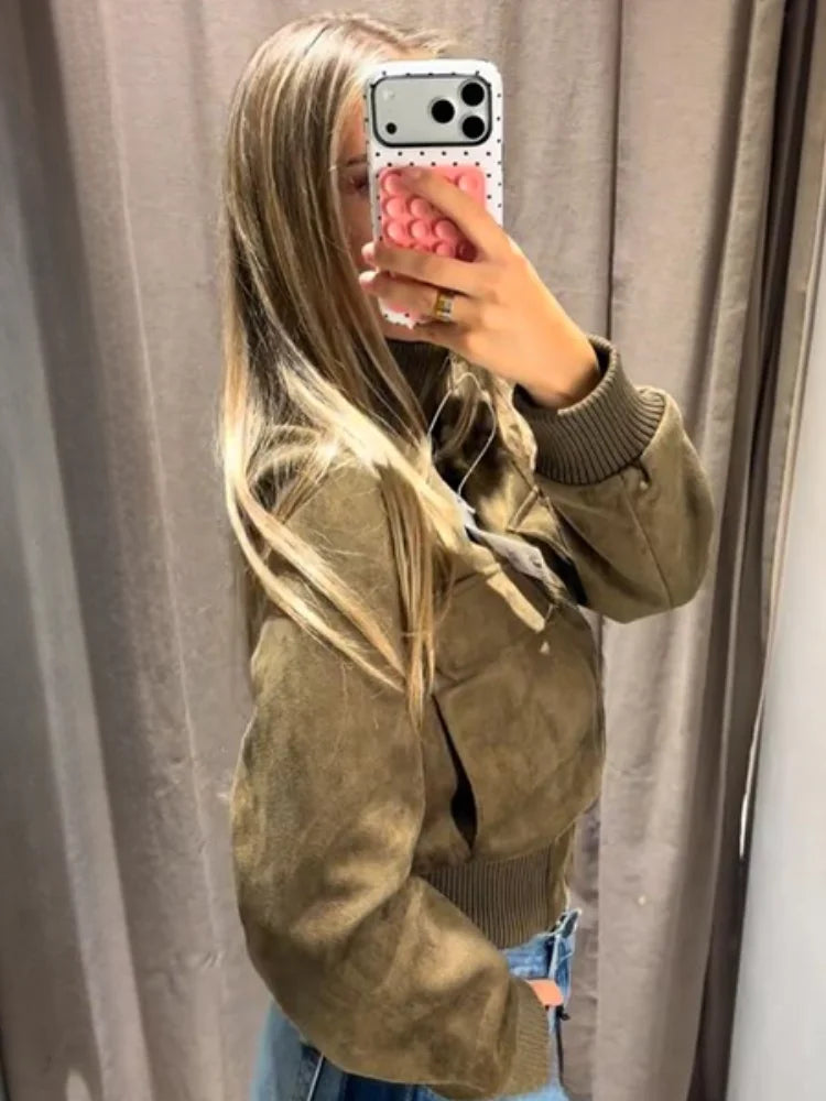 Blouson Bomber Femme Courte Effet Daim Kaki avec Fermeture Éclair et Poches