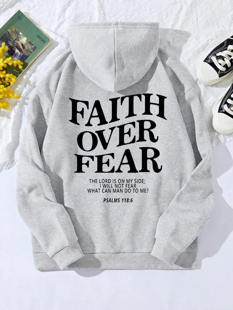 Felpa con cappuccio unisex a tinta unita con stampa "Faith Over Fear"