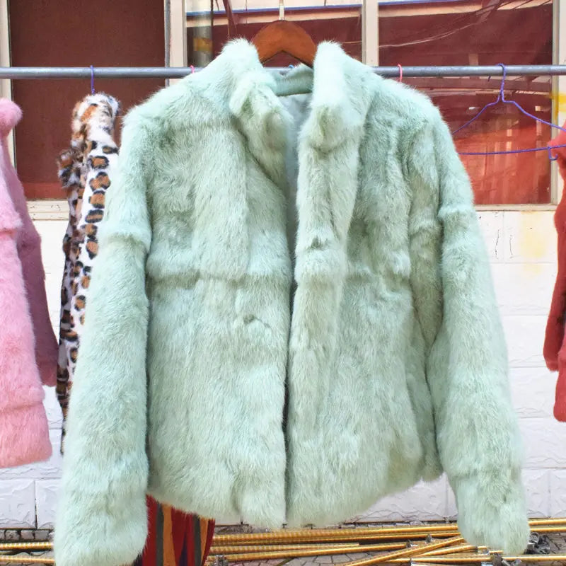 Veste courte femme en fourrure synthétique élégante, col montant, manches longues