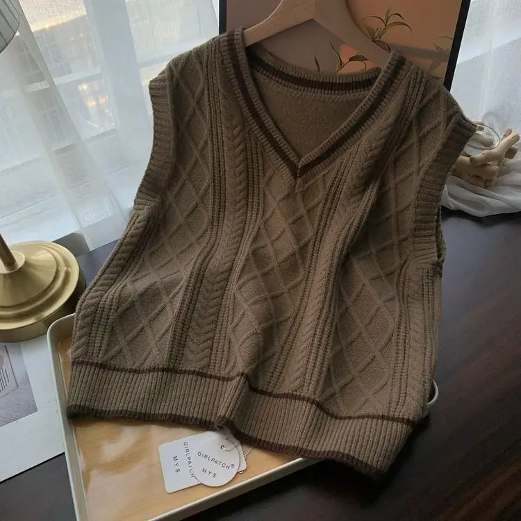 Gilet da donna senza maniche in maglia con scollo a V e motivi a trecce, stile preppy