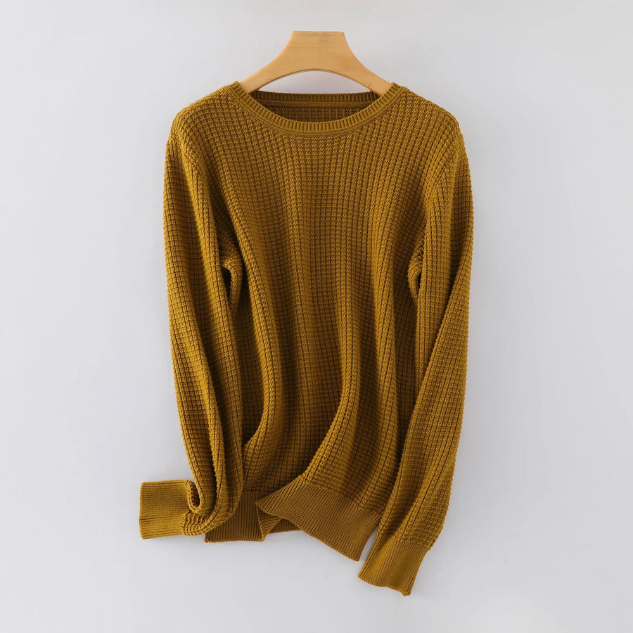 Jersey de punto gofrado de manga larga y cuello redondo para mujer