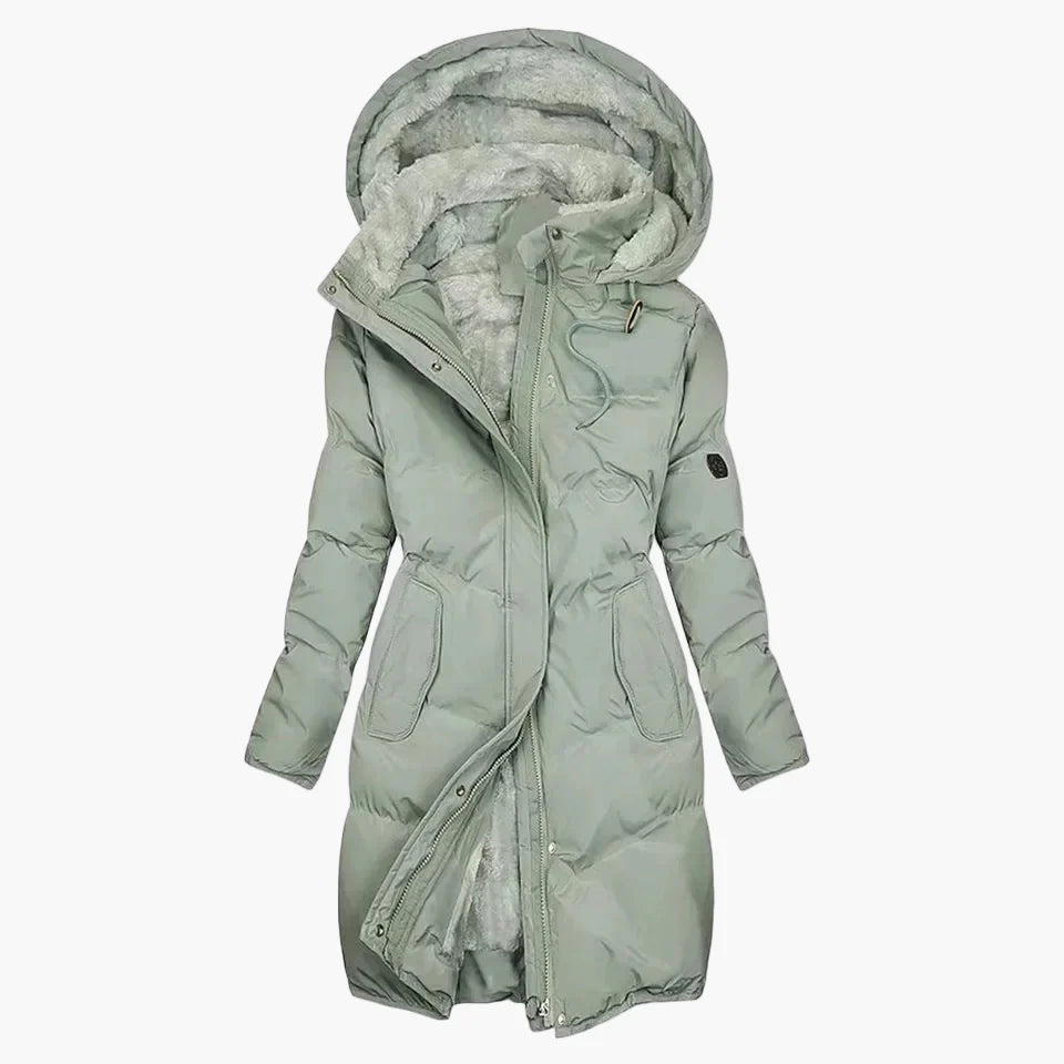 Lang vinterfrakke med hætte til kvinder, elegant og varm stil, ideel til vinteren