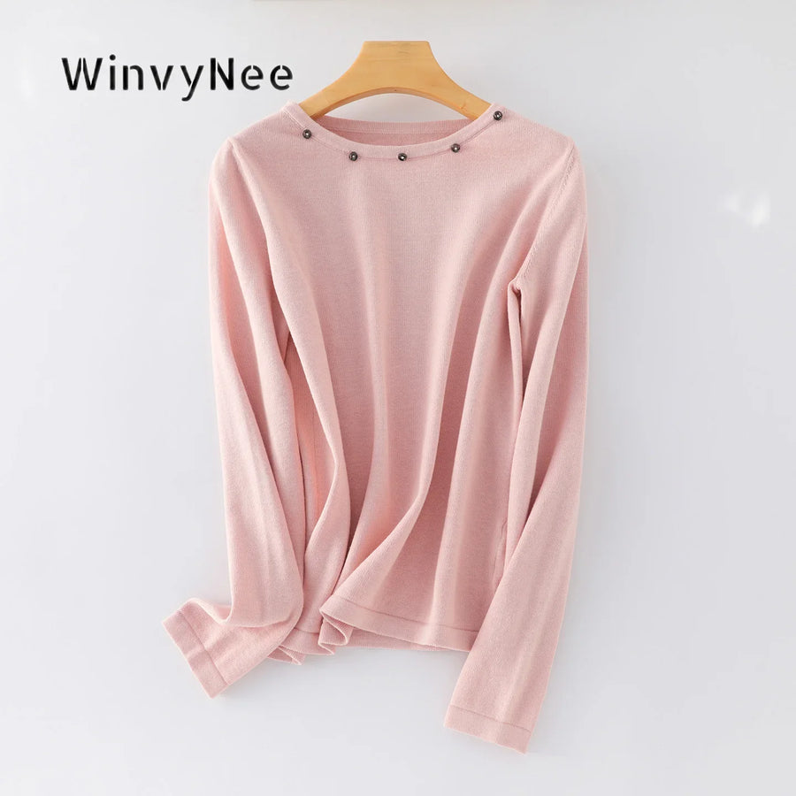 Women's fine-knit long-sleeve crew-neck top with metallic details
