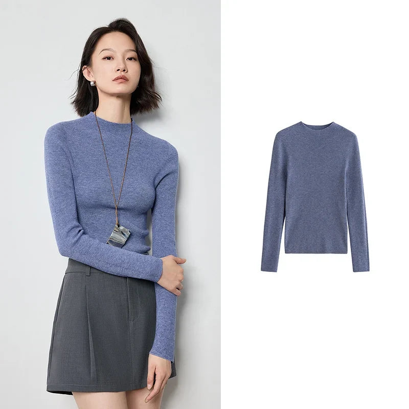 Pull fin femme manches longues col montant côtelé décontracté