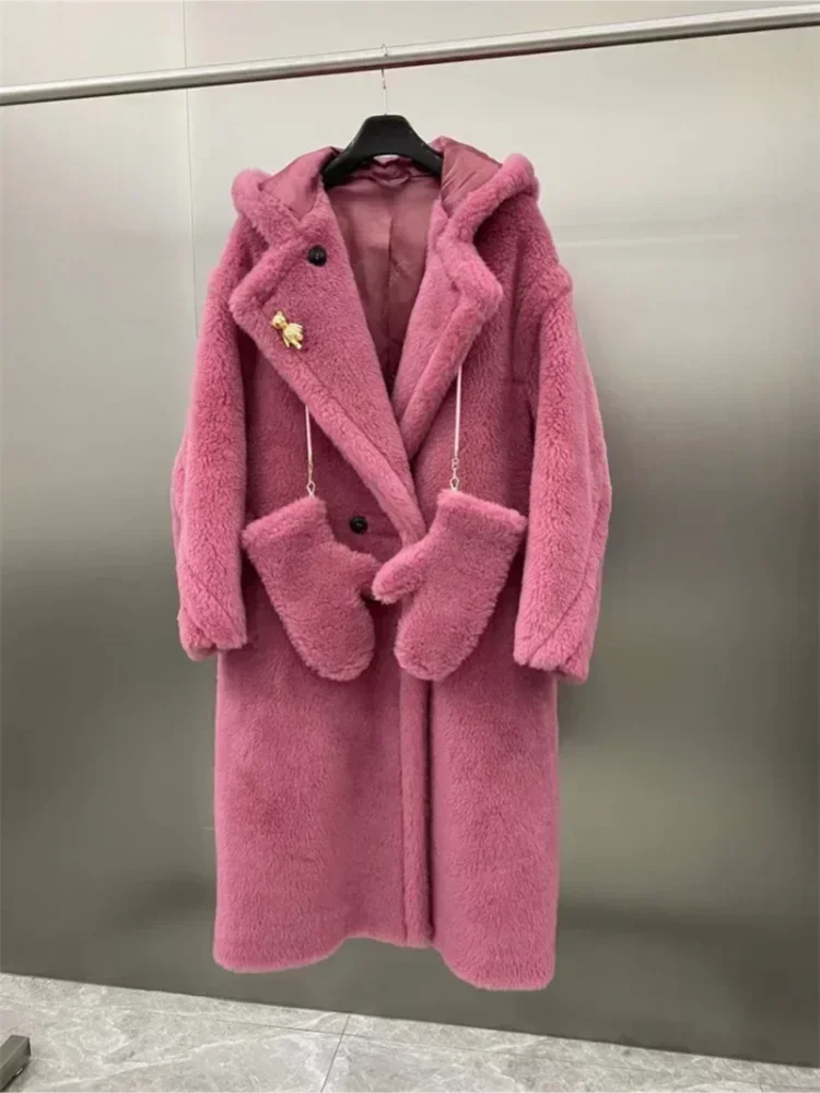 Manteau long femme doux à capuche style Teddy avec moufles assorties