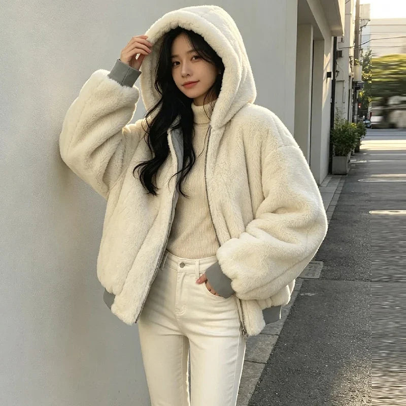 Veste bomber femme réversible à capuche en polaire doux et tissu uni