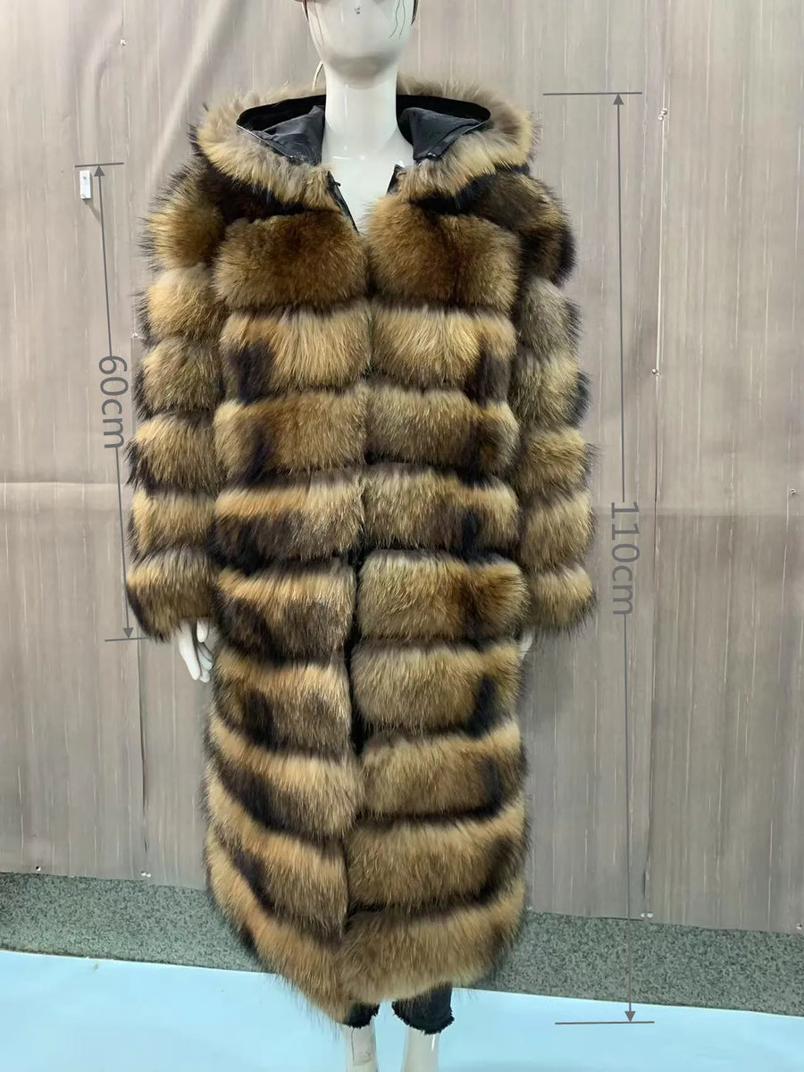 Manteau long à capuche aspect fourrure marron clair et foncé