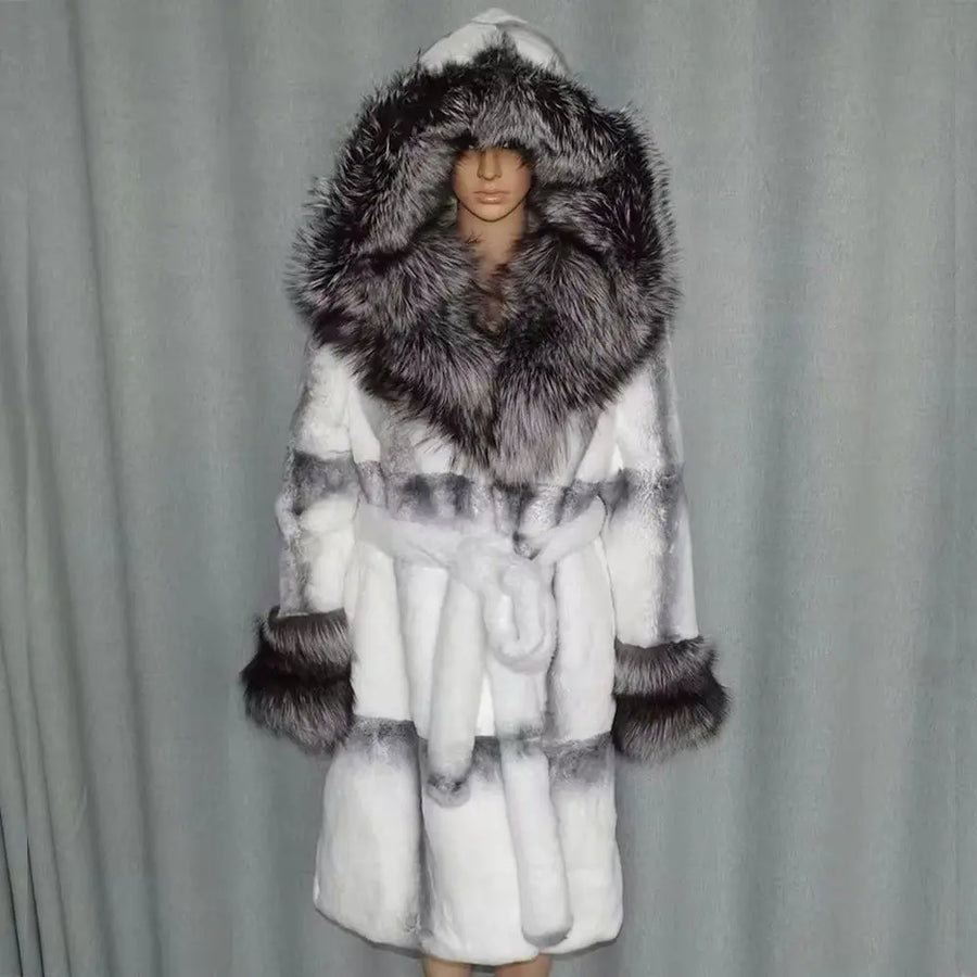 Manteau à capuche en fausse fourrure bicolore style luxe pour femme