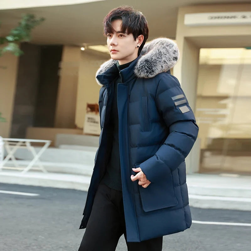 Men's Long Hooded Puffer Jacket with Removable Fur Trim, Casual Style