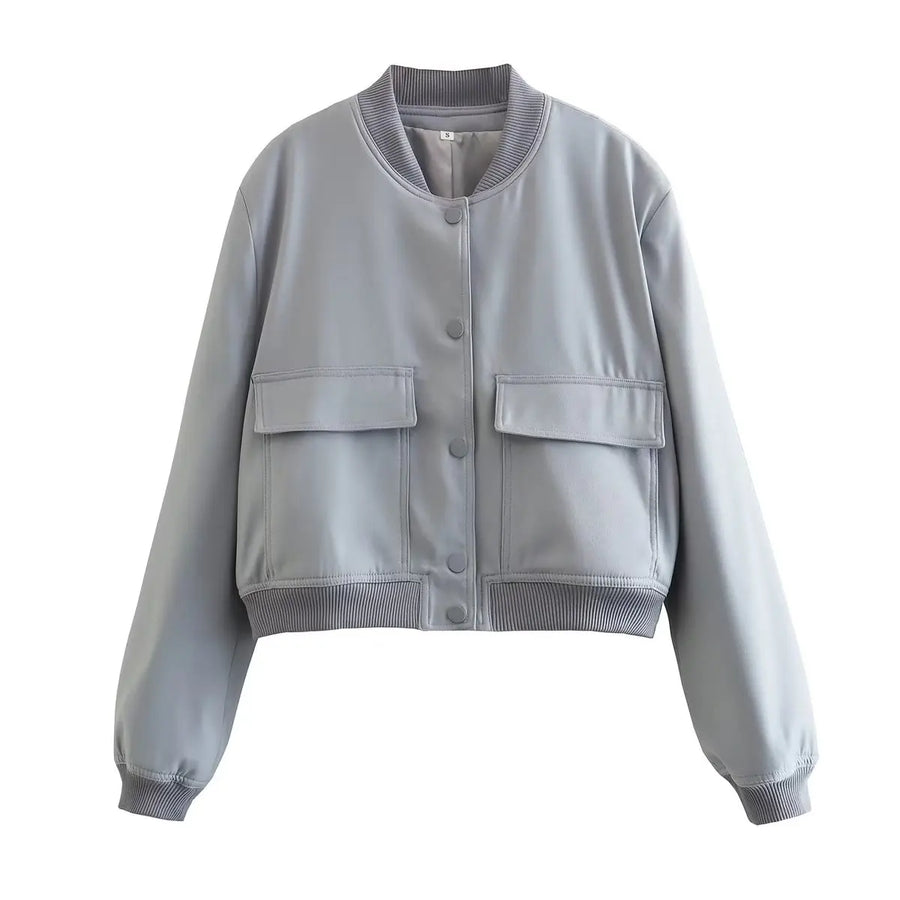Kurze Damen-Bomberjacke mit Knopfleiste, Baseballkragen und aufgesetzten Taschen