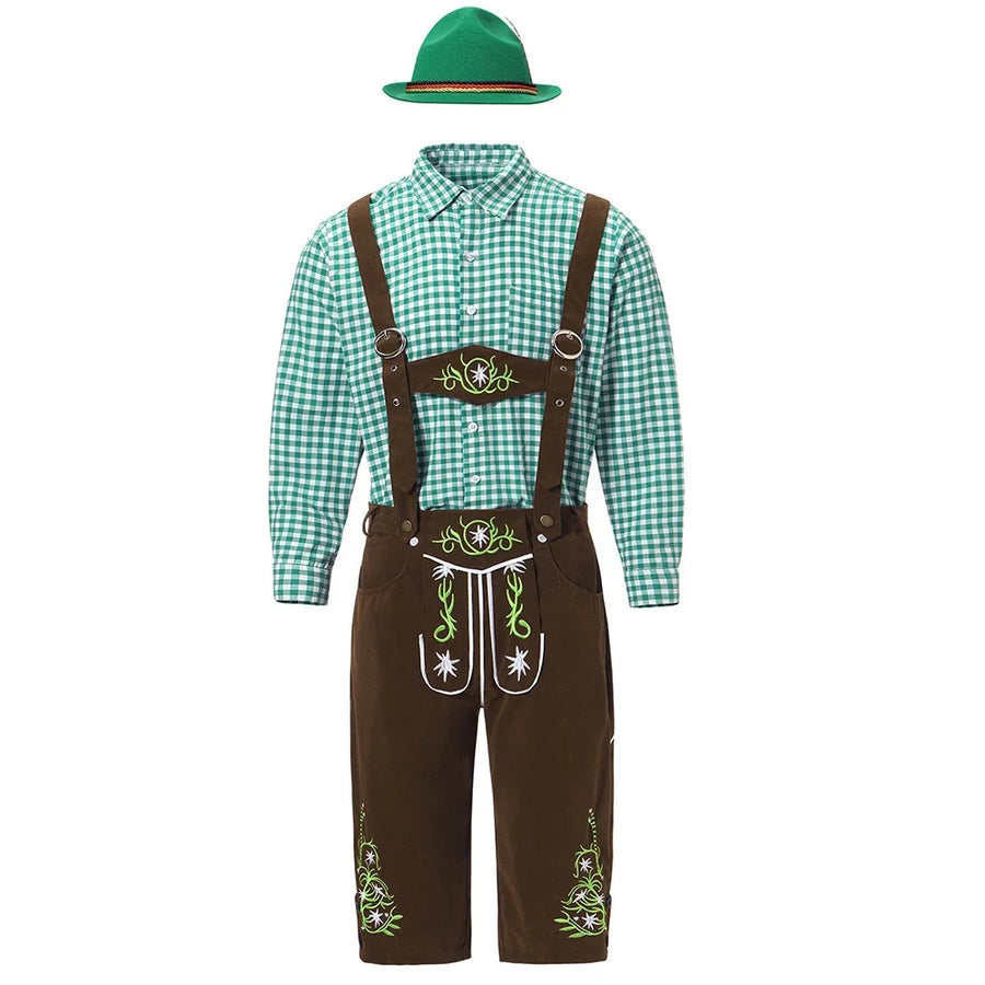 Completo da uomo in pelle con pantaloni corti tradizionali verdi a quadri e marroni ricamati oppure neri ricamati
