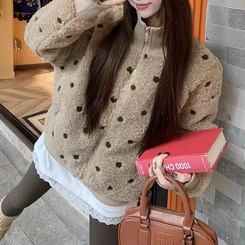 Veste en molleton femme beige à pois marron, col montant zippé