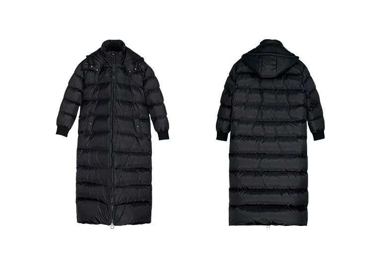 Doudoune longue noire matelassée à capuche pour homme avec bande latérale logo