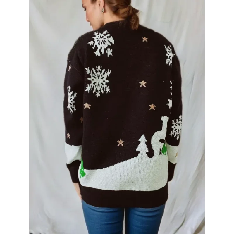 Women's knitted Christmas sweater with gingerbread man and snowflake designs