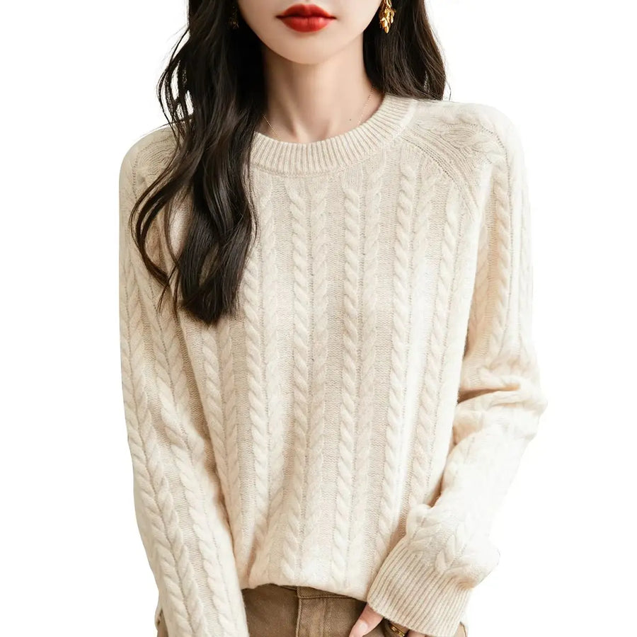 Women's soft cable-knit crew-neck sweater with long sleeves